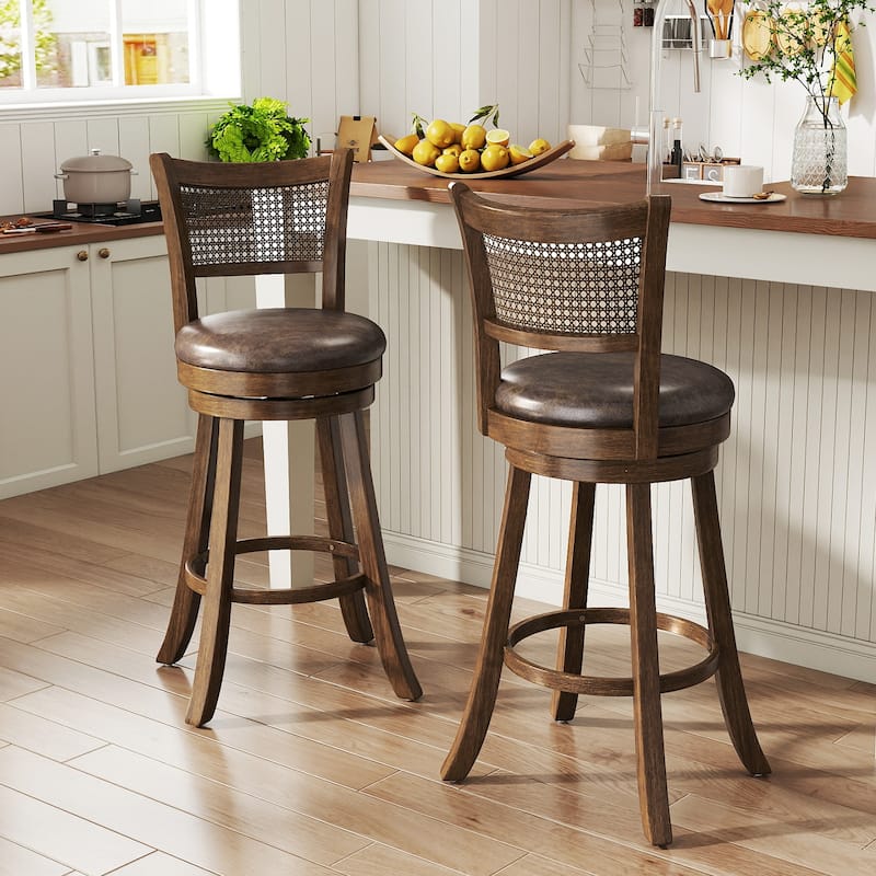 Brown Swivel Bar Stools with Rattan Back and Leathaire Seat 30 Inch Counter Height Chairs with Wooden Frame for Kitchen Island