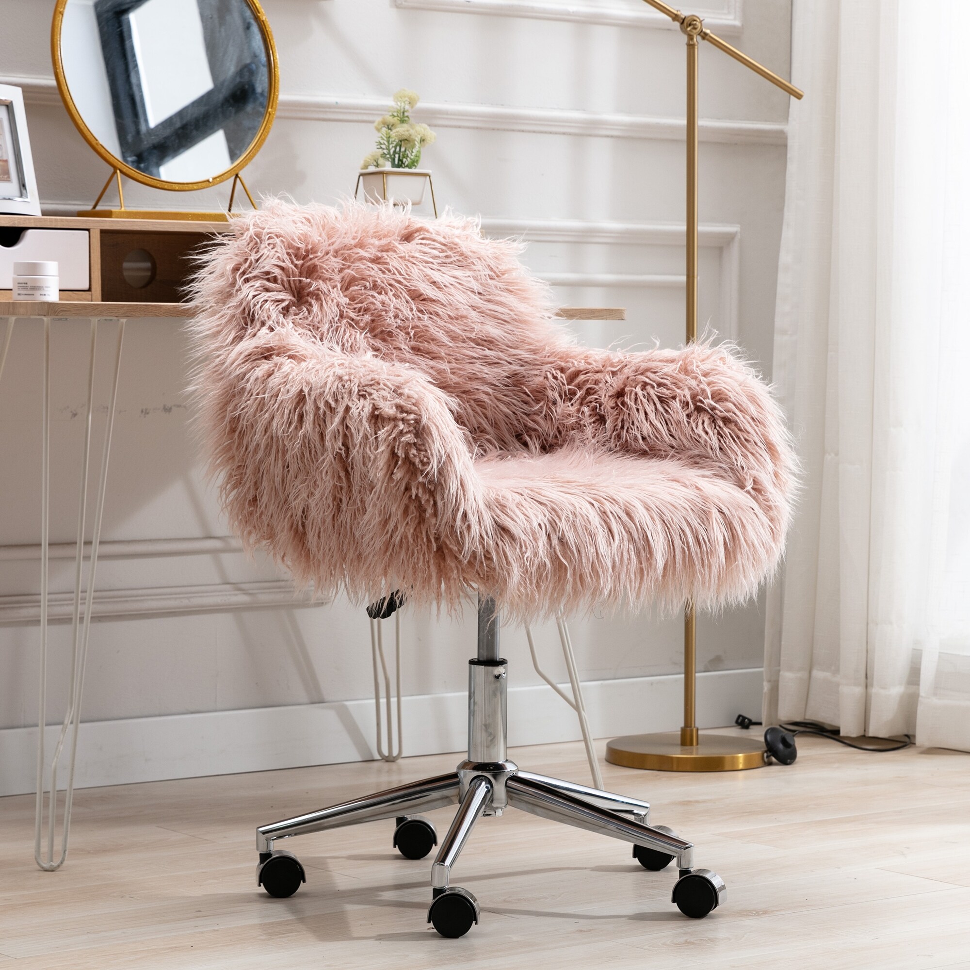 TiramisuBest Modern Faux Fur Home Office Chair, Makeup Vanity Fluffy Chair for Girls, Pink