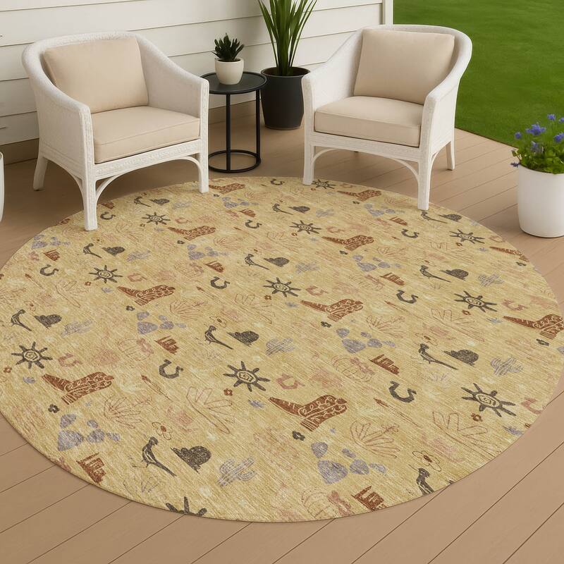 Machine Washable Indoor/ Outdoor Cowboy Ranch Chantille Rug - Gold - 8' x 8'