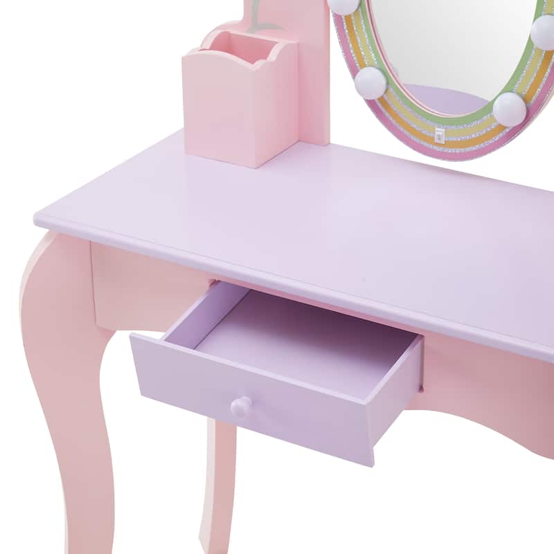 Teamson Kids Vanity Pretend Playset with LED Illuminated Mirror, Matching Stool, and Storage Drawer