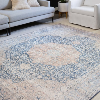 Alexander Home Isabelle Traditional Vintage Border Print Blue Area Rug