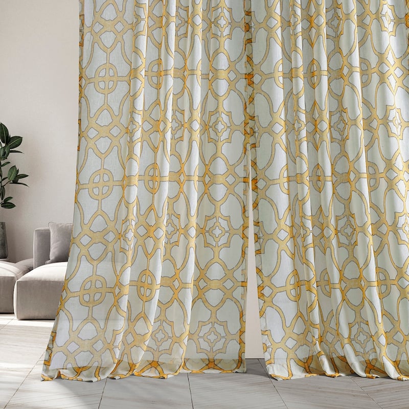 Exclusive Fabrics Sea Glass Blue Printed Faux Linen Sheer Curtain (1 Panel)