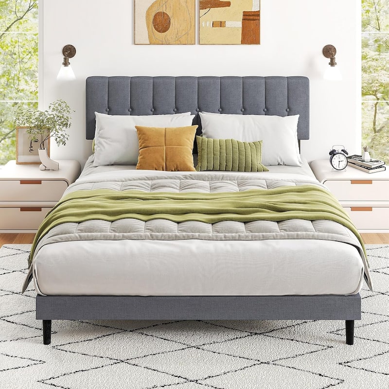 Queen Size Platform Bed Frame with Fabric Upholstered Headboard and Wooden Slats Support, No Box Spring Needed/Easy Assembly