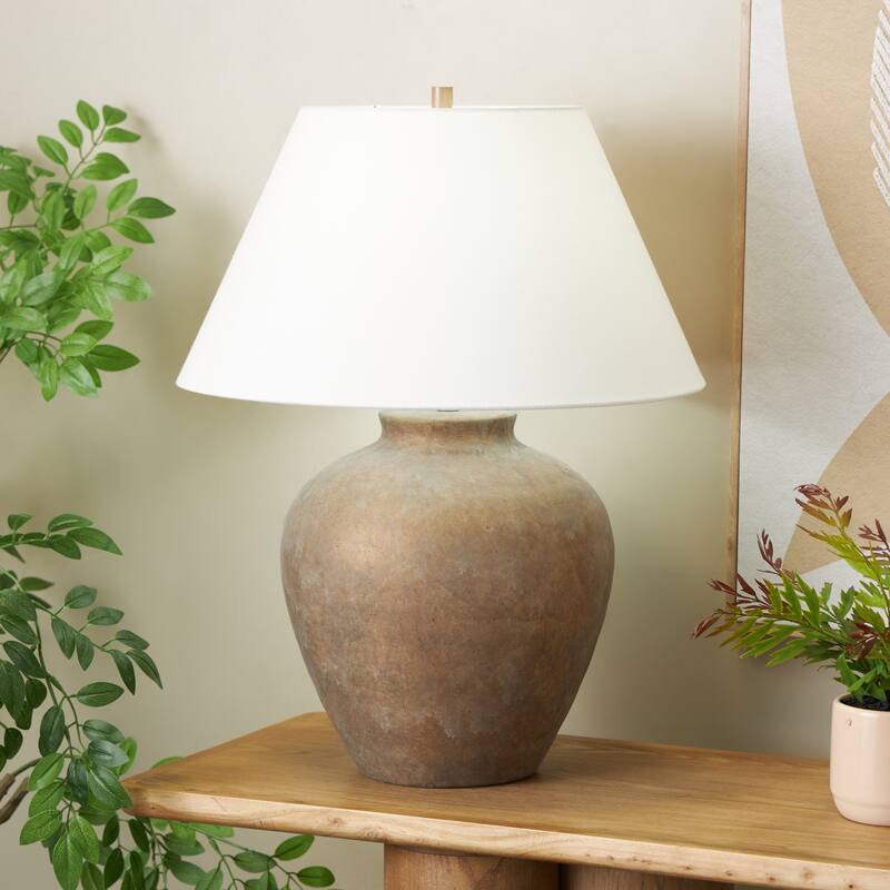 Ceramic Wide Rounded Distressed Antique Table Lamp with Cream Linen Shade - Black or Brown - Roche River Decor