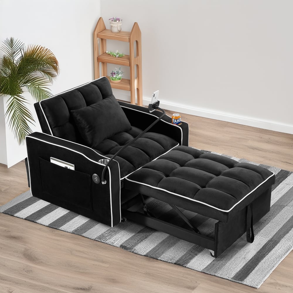Black Modern 35.83" 3 in 1 Velvet Single Convertible Sofa Bed with Adjustable Back and USB Charging Port for Living Room