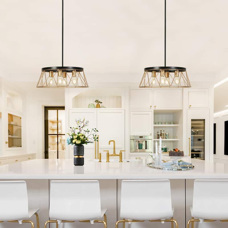 4-Light Modern Industrial Geometric Chandelier Black Gold Kitchen Island Light for Dining Room
