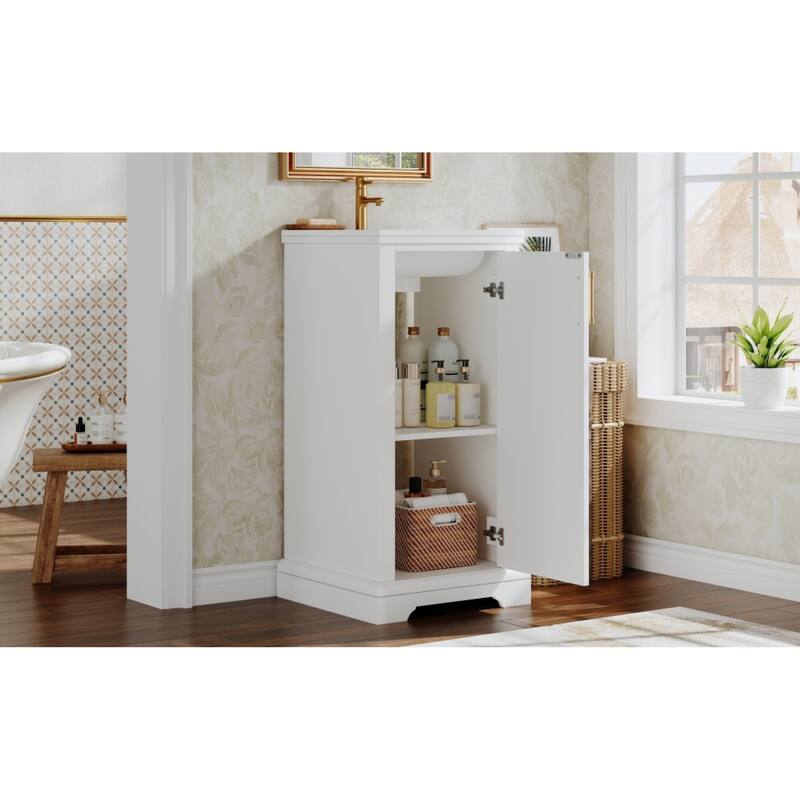 Roomfitters 16 Inch Bathroom Vanity with Ceramic Sink, Freestanding French Style Storage Cabinet & Adjustable Shelf, White