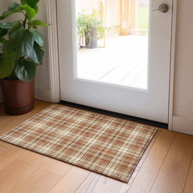 Machine Washable Indoor/ Outdoor Plaid Chantille Rug - Paprika - 1'8" x 2'6"
