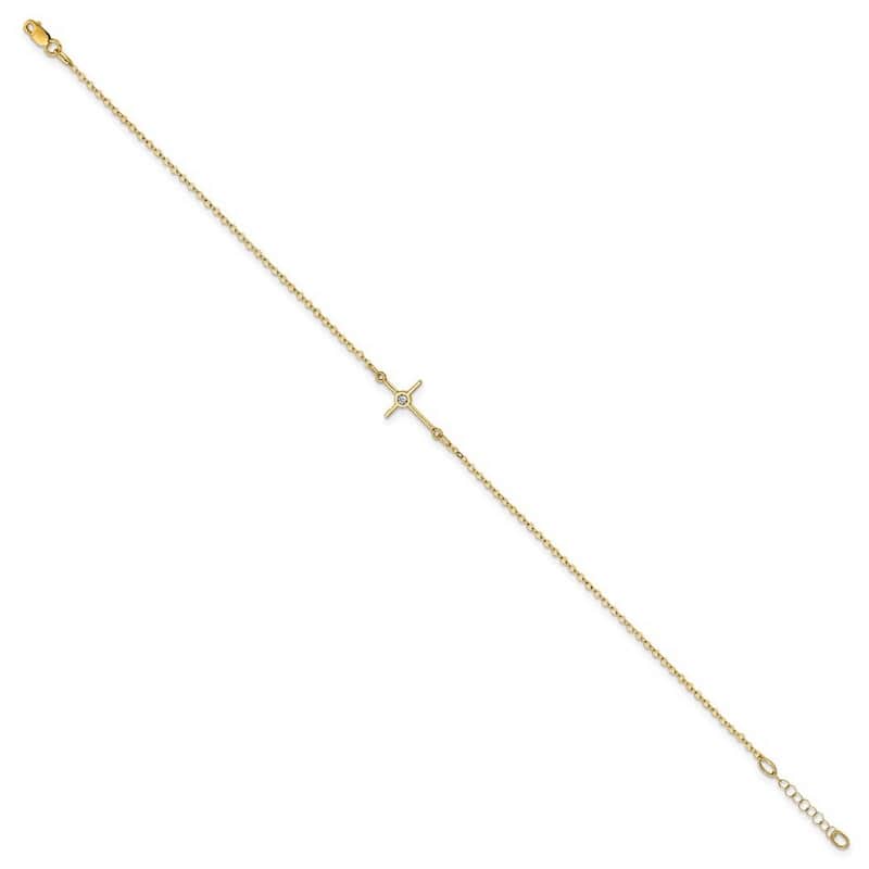 Curata Women's Italian 12.25mm 14k Yellow Gold Polished Cubic Zirconia Cross Anklet - 10 Inch