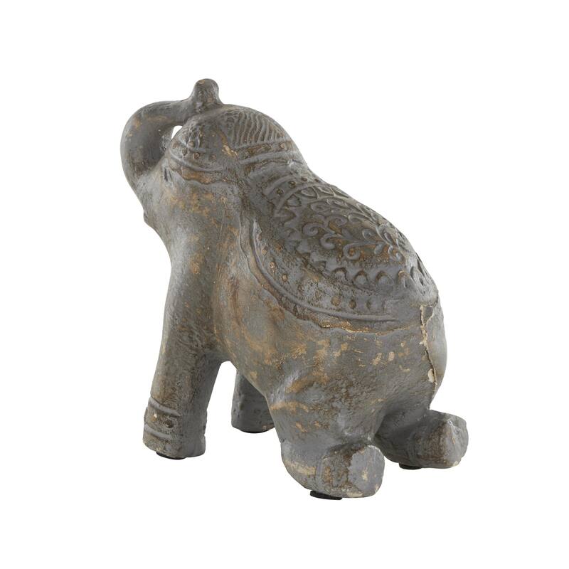 Dark Gray Paper Mache Handmade Distressed Carved Elephant Decorative Sculpture with Wood Inspired Accents