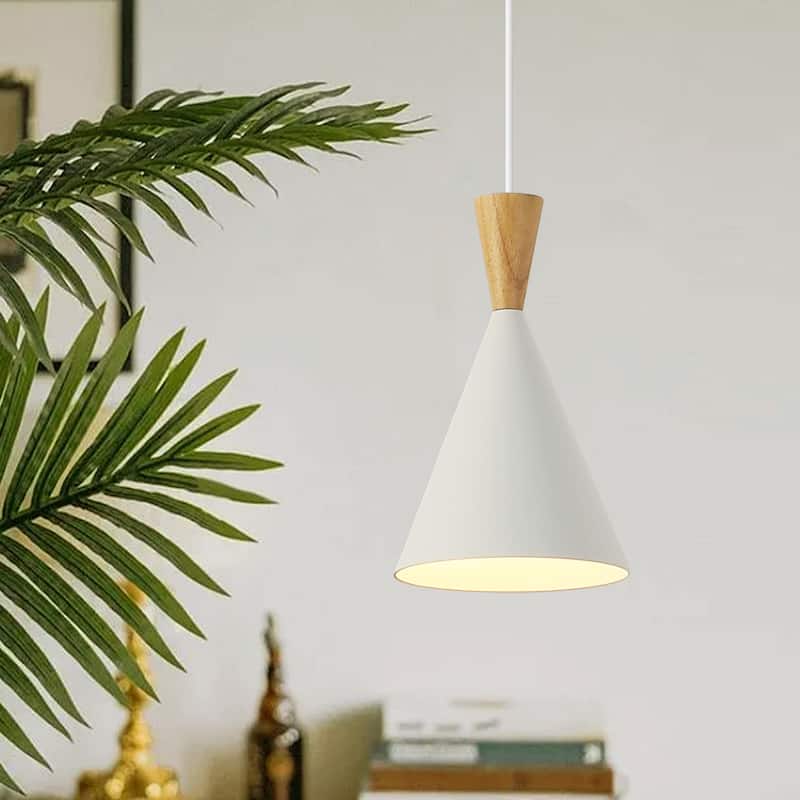 Modern Black/White Pendant Light Fixture with Plug in Cord Wood Metal, Adjustable Chandelier Hanging Lamps for Bedroom
