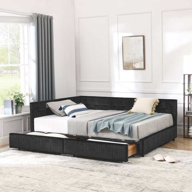 L-shaped Velvet Upholstered Daybed Tufted Sofa Bed with Soft Backrest Armrests - and Optional Corner Storage Day Bed