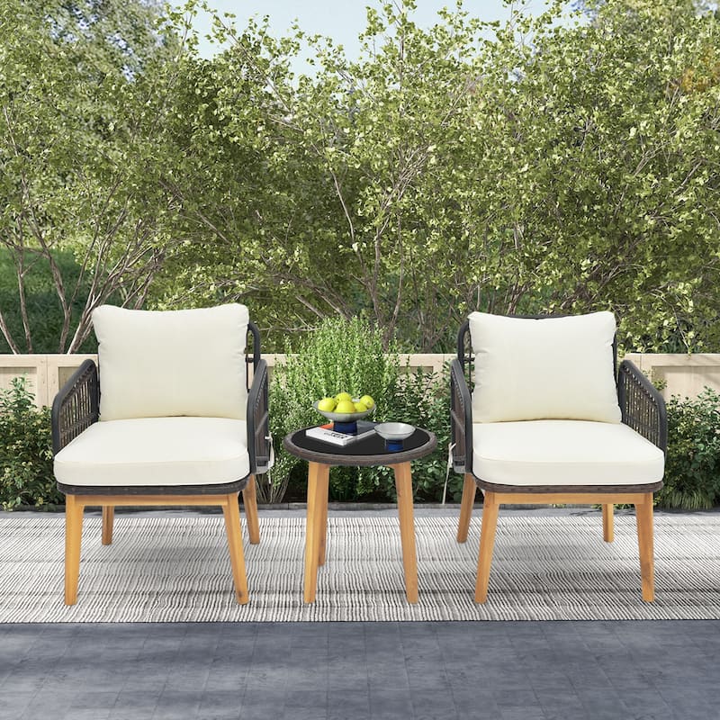 3PCS Patio Furniture Set w/ Cushioned Chairs Tempered Glass Side Table