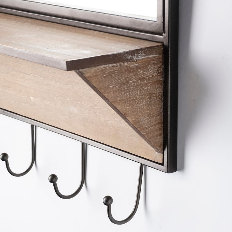 Neville Black Metal and Brown Solid Wood Shelf With Hooks Arched Mirror - 30" x 20"
