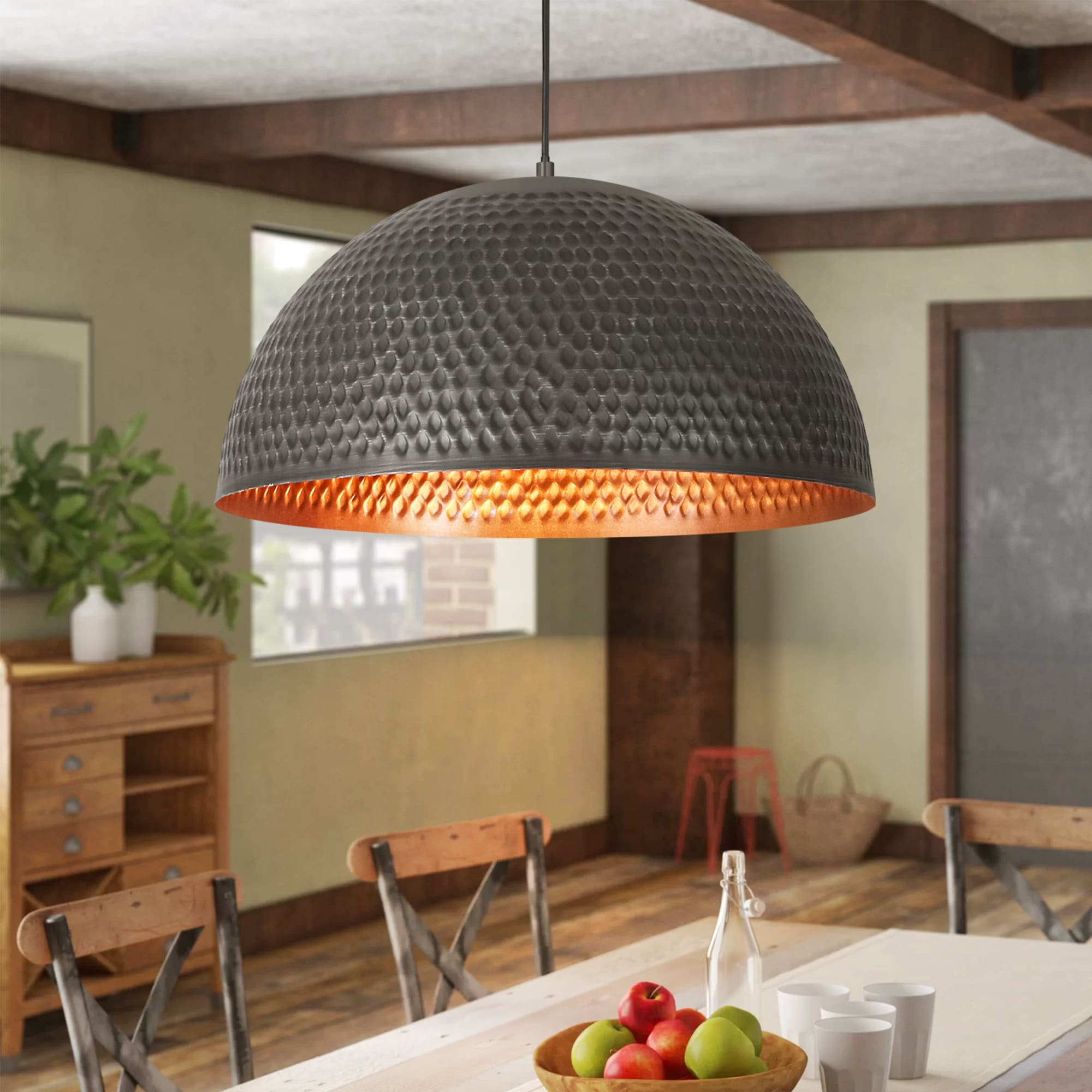 Rennnsan 19.7" 1-Light Modern Industrial Black/Green Hand-Hammered Iron Dome Pendant Light for Dining Room