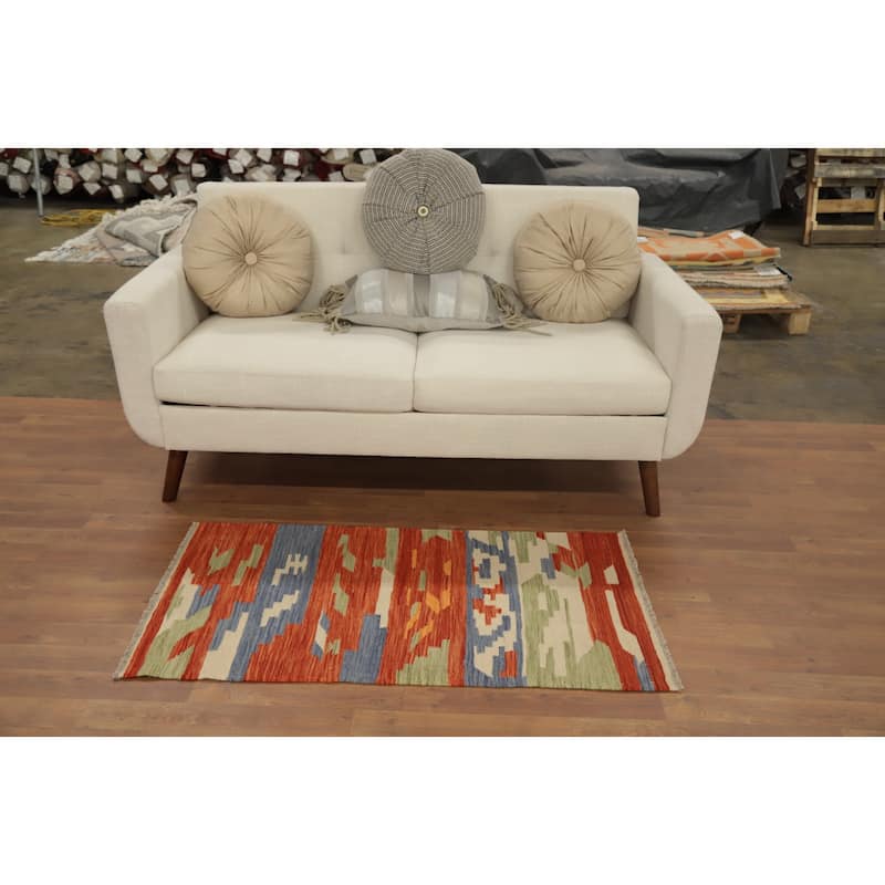 Hand Woven Oriental 100% Wool Carpet Southwestern Modern Oranges & Rust Kilim Area Rug - 4' 0'' X 2' 0''