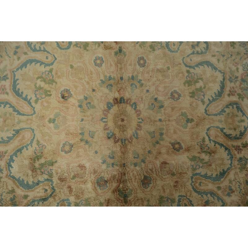 Hand Knotted Oriental Silk Carpet Traditional Floral Beige & Ivories Kashmir Area Rug - 7' 4'' X 6' 11''