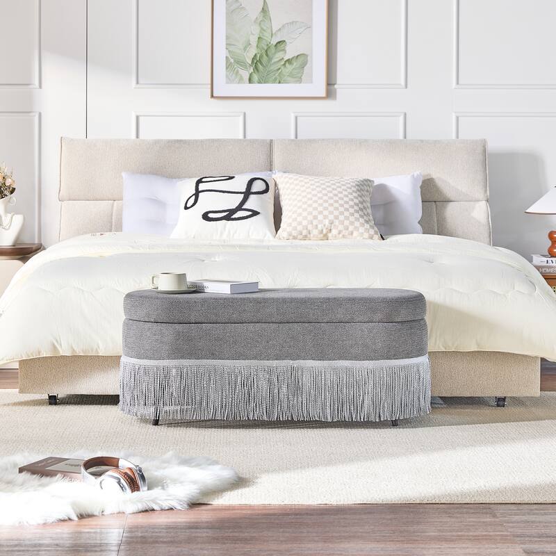 Oval Upholstered Storage Ottoman with Fringe Trim & Lift-Top Lid - 39"L x 16"W x 17"H,Multi-Functional Footrest & Hidden Storage