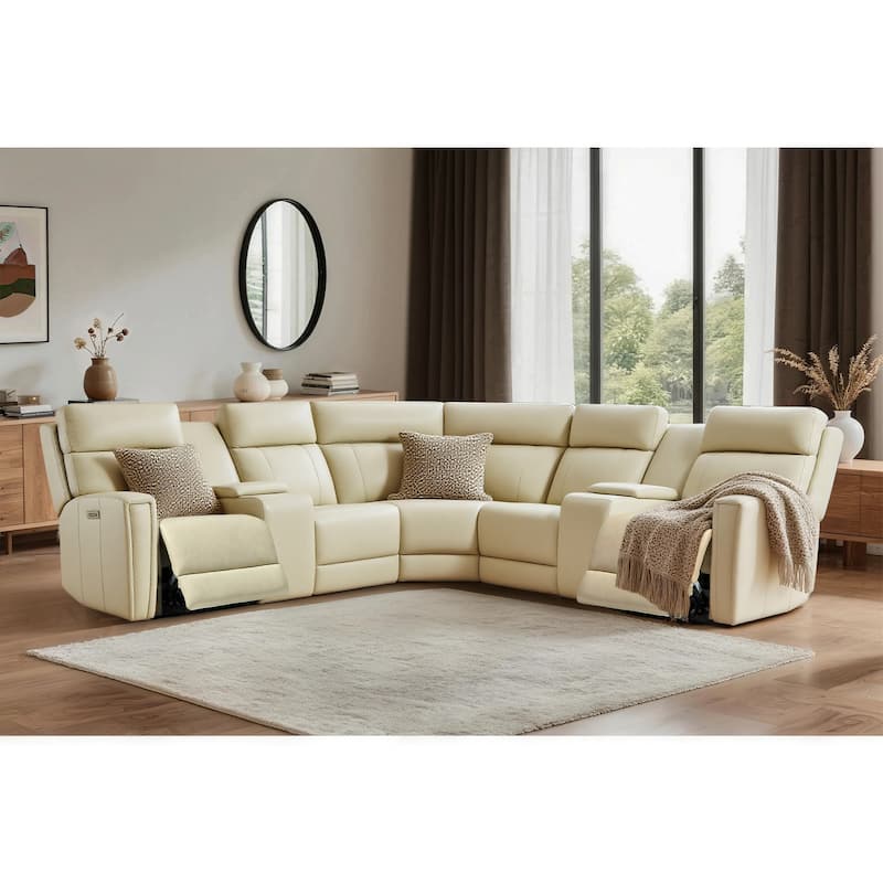 Genuine Leather Power Recliner Sectional Sofa with Ajustable Headrest, USB&USB-C Port - Cream (2 stat. armlesschairs)