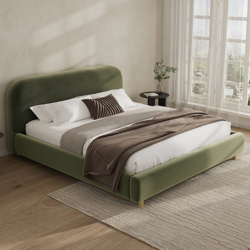 Upholstered Platform Bed with Curve-Shaped Design Headboard