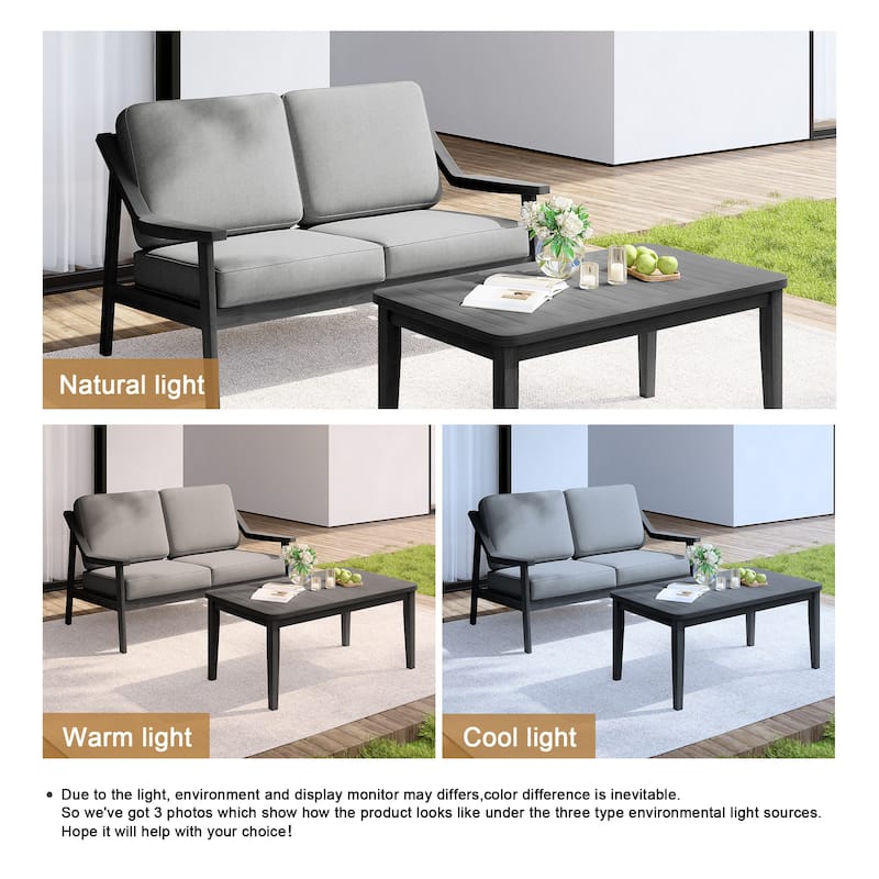 Outdoor Wood Teak Cushioned Patio 2 Seater Loveseat with Coffee Table