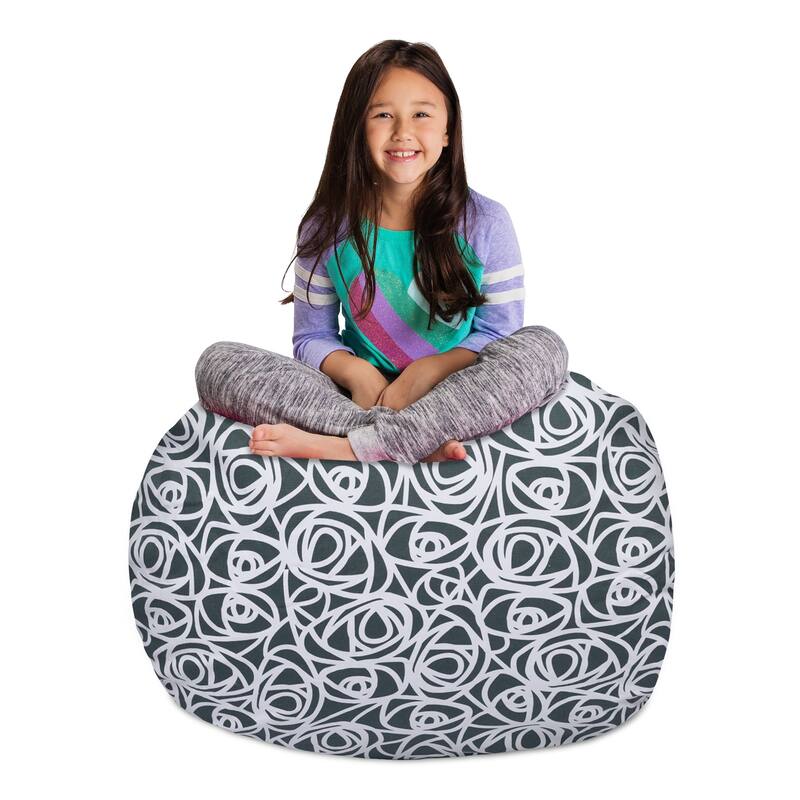 Kids Bean Bag Chair Cover Stuffed Animal Storage or Toy Organizer - 38 Inch Large - Canvas Roses Gray