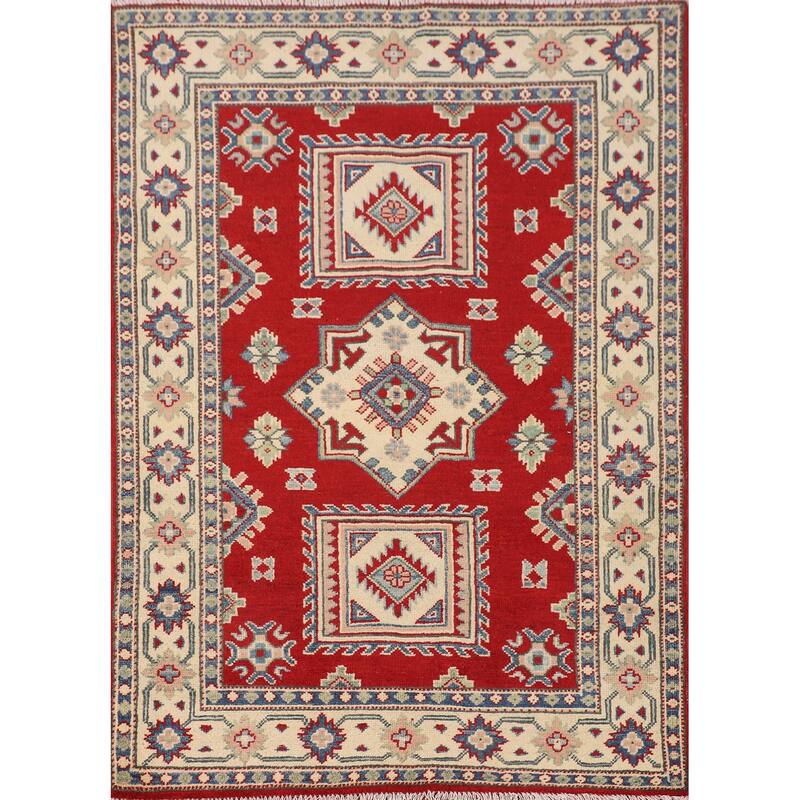 Red Kazak Foyer Rug Hand-Knotted Wool Carpet - 3'5" x 4'9"