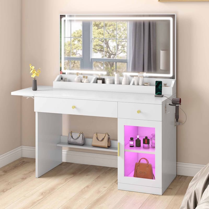 Moasis Makeup Vanity Desk with Mirror and RGB Lights & Extral Foldable Desk