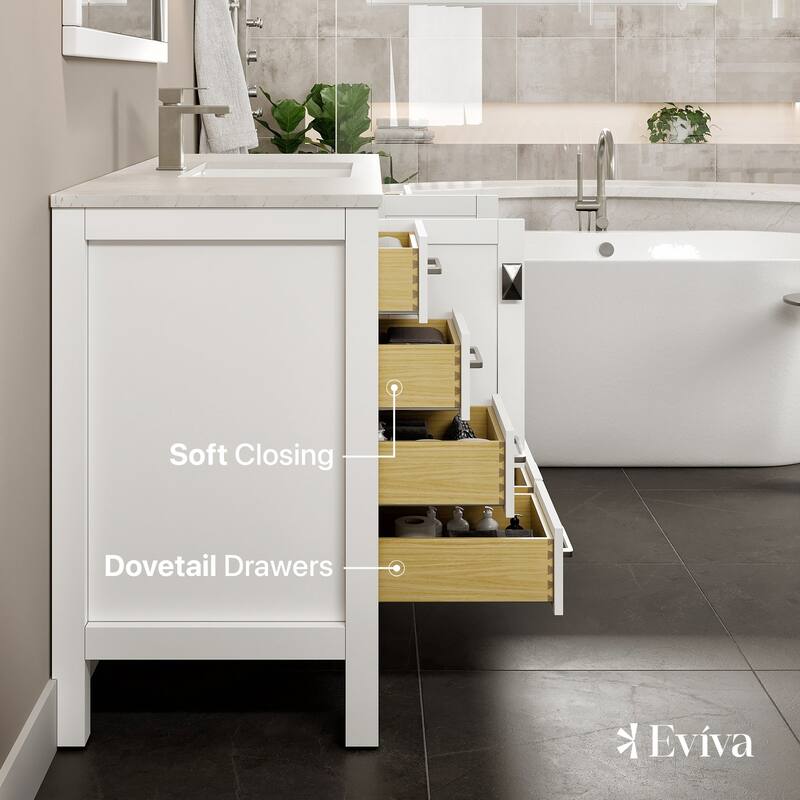 Eviva London 54"W x 21"D White Bathroom Vanity with Carrara Quartz Countertop and Undermount Porcelain Sink
