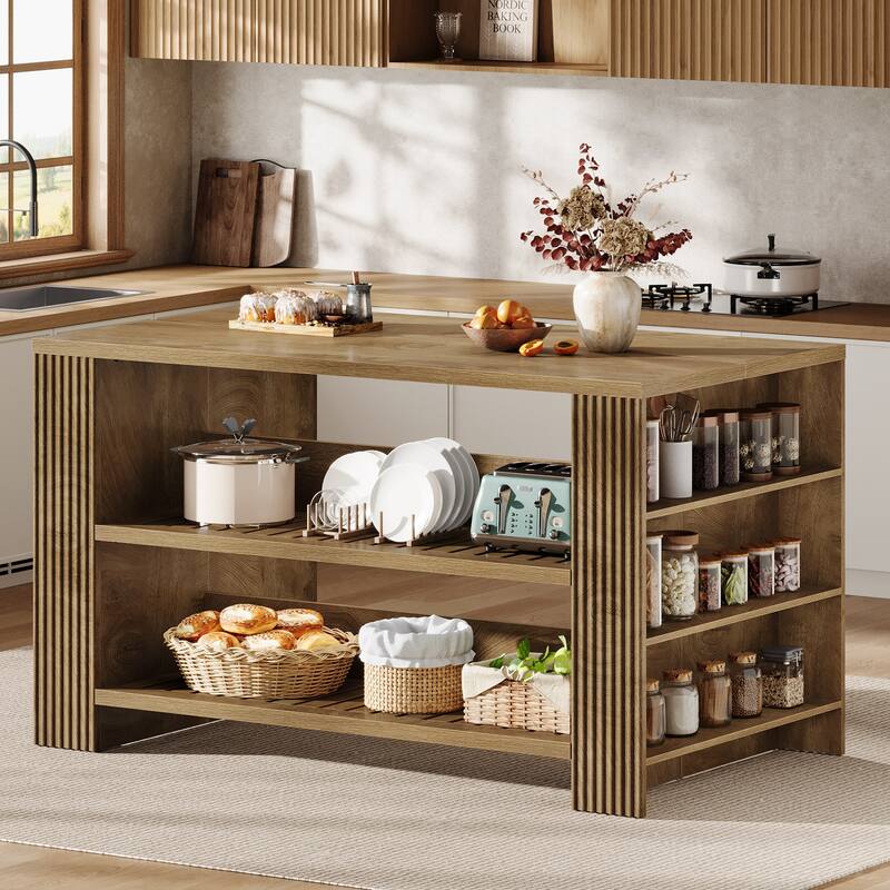 59 Inch Bar Table with Storage Shelves, Farmhouse Wooden Counter Height Pub Table for Kitchen / Dining Room