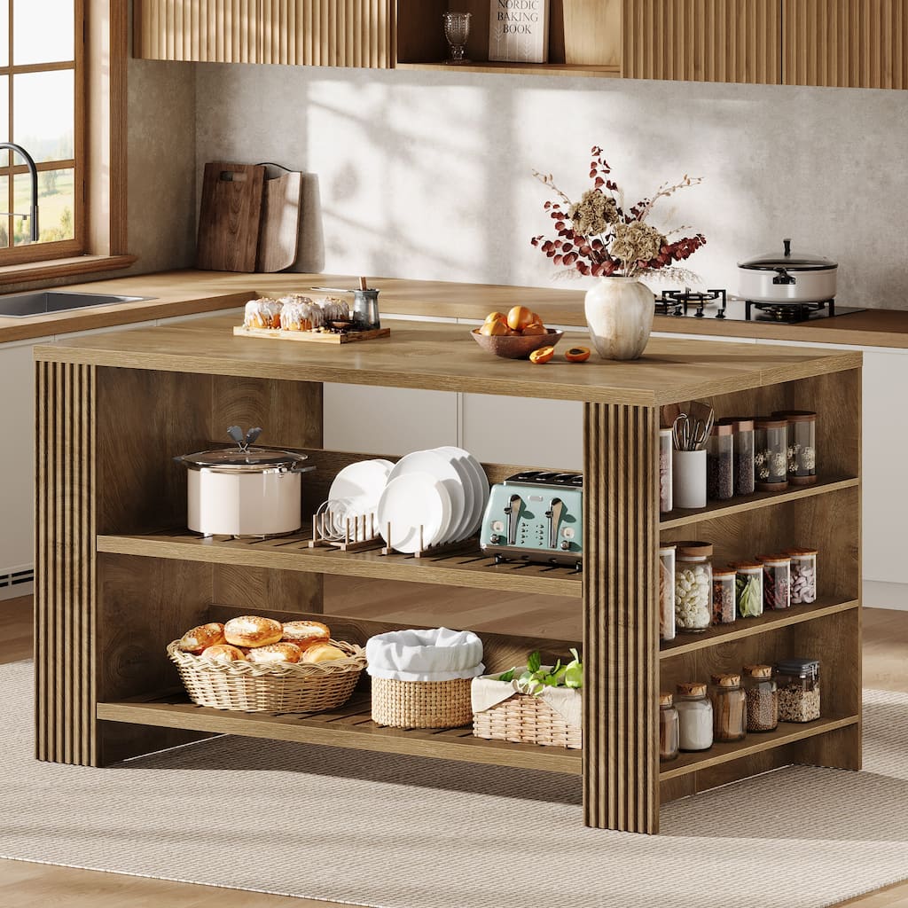 59 Inch Large Kitchen Island with Storage Shelves - 27.55" D x 59.05" W x 35.43" H