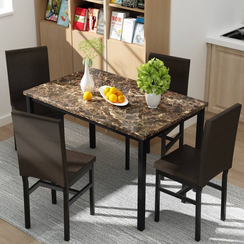 Grondin Modern Contemporary 5 Pieces Dining Table Set with Faux Marble Top and 4 PU Leather Upholstered Chairs