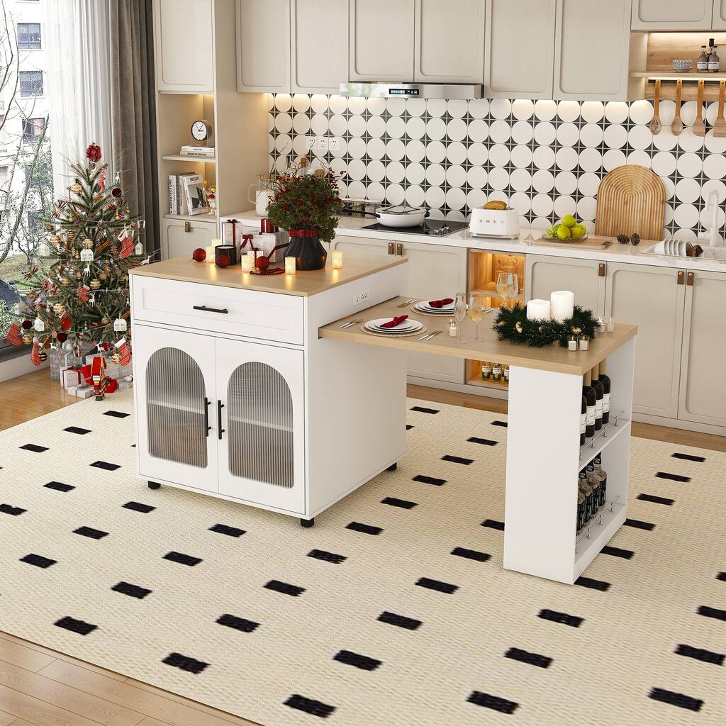 Kitchen Island with 80" Expandable Table & Casters, Multi-Functional Rolling Kitchen Cart with Dining Table