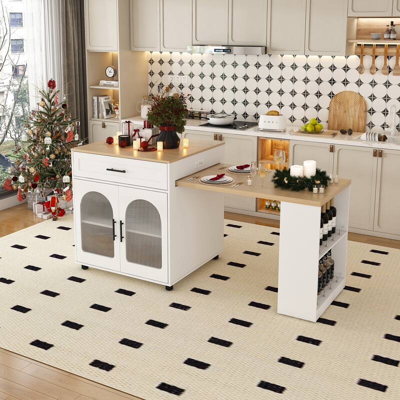 Kitchen Island with Expandable Dining Table, Mobile Kitchen Storage Cart on Locking Wheels, Kitchen Prep Table with Power Outlet