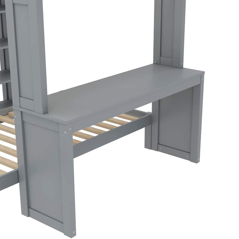 Queen Size Loft Bed & Twin Size Platform Bed Set, Wood Bunk Bed with Built-in Desk, Open Shelves and Wardrobe, Queen Over Twin