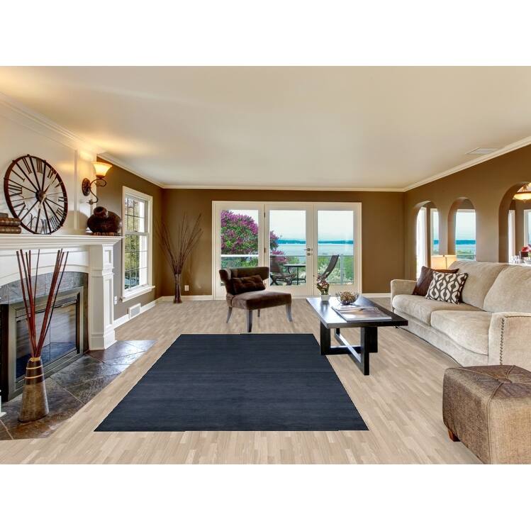 Hand Knotted Oriental 100% Wool Carpet Modern Solid Navy Blue & Blues Gabbeh Area Rug - 10' 0'' X 5' 3''