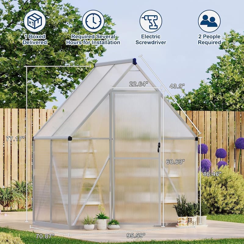 6 x 4 ft Greenhouse, Polycarbonate Walk-in Greenhouse with Aluminum Frame Sliver - 6*4FT