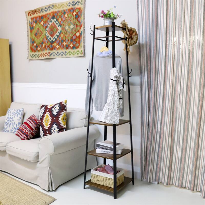 Industrial Coat Rack Stand Hall Tree Clothes Storage Shelves Hooks