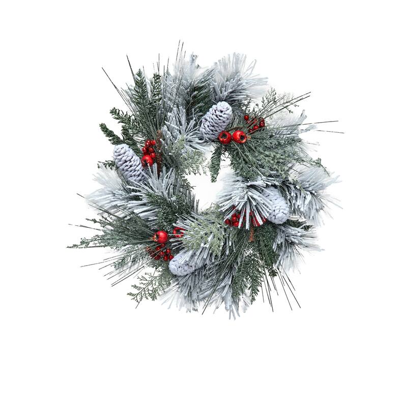 14" Frosted Pine Cone Fresh Berry Wreath - Frosted Red - 14-Inch