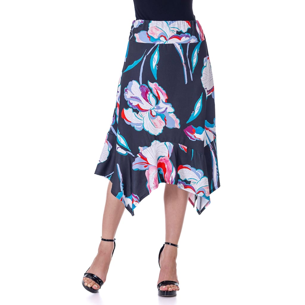 24seven Comfort Apparel Womens Elastic Waist Floral Knee Length Handkerchief Hemline Skirt