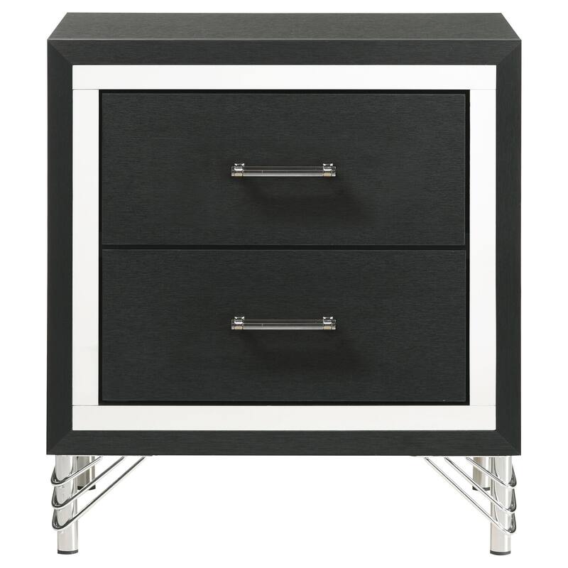 Black 2-Drawer Nightstand with Chrome Trim, Hairpin Legs, Long Bar Pulls and Bold Sophisticated Design