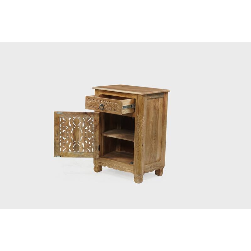 Florence Floral Solid Mango Wood 1-Drawer Nightstand with Cabinet Storage Assembled
