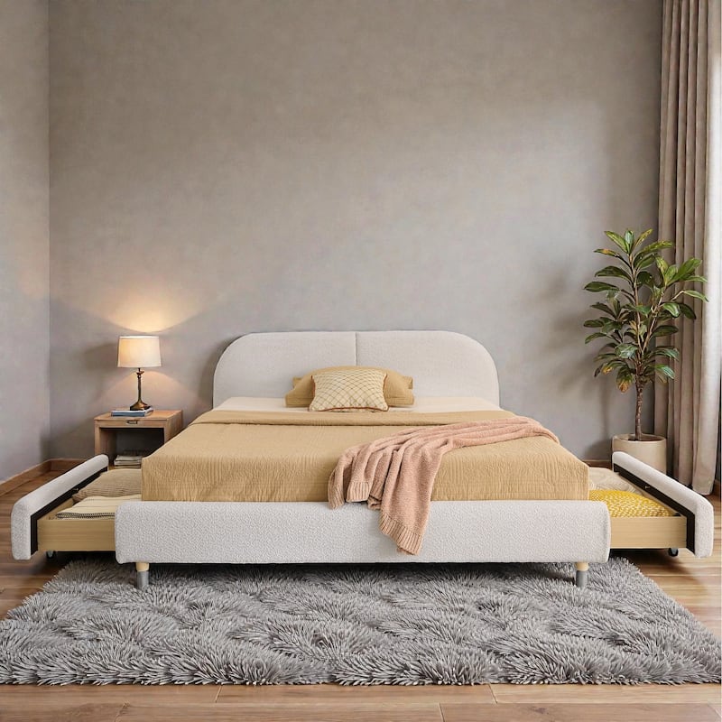Upholstered Bed Frame with Tall Curved Headboard and Storage Drawers, Modern Minimalist Platform Bed No Box Spring