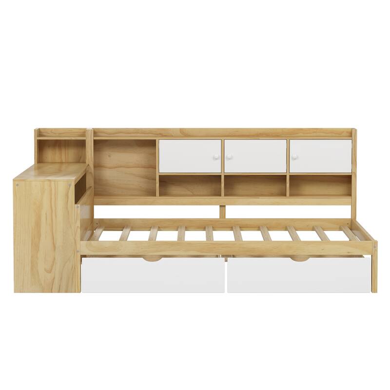 Wooden L Shaped Daybed with Bookcase and 2 Drawers, Multi-functional Corner Platform Sofa Bed Frame with Built In Desk