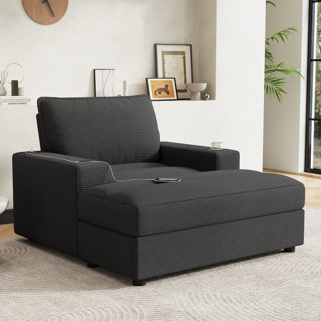 Christopher Knight Home - LuxeComfort Grey Oversized Corduroy Upholstered Chaise Lounge Chair with Storage Ottoman.