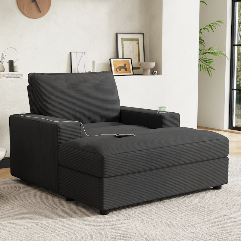 Roomfitters Oversized Chaise Lounge Chair with Storage Ottoman and Built-in USB Charging Port, Corduroy Sleeper Couch