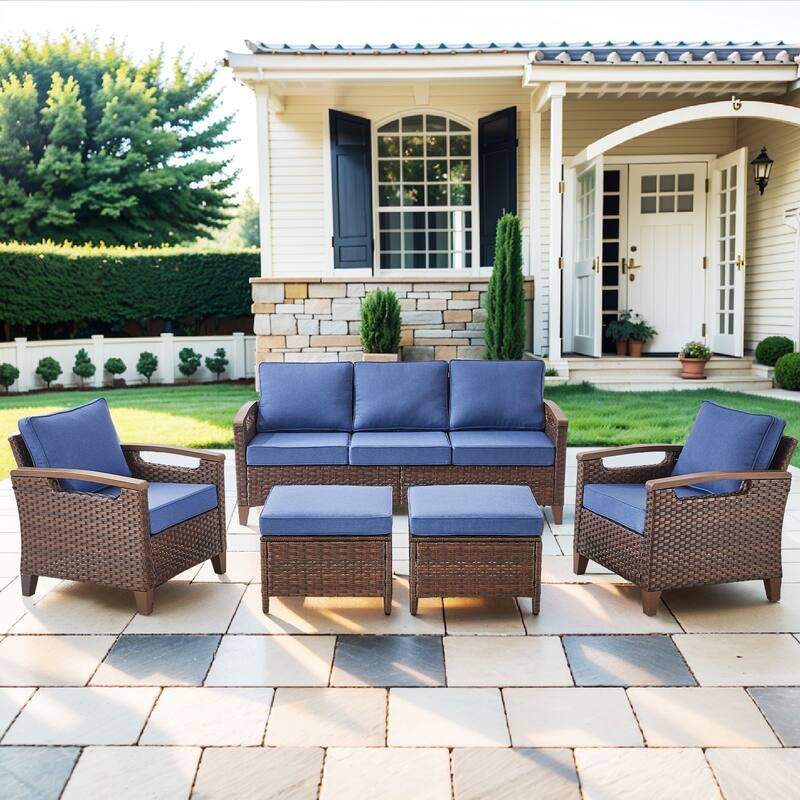 Pocassy Outdoor Brown Wicker Funitre with Cushion Set - Blue Cushion - 3-Seat Sofa with Club Chair Ottoman Set