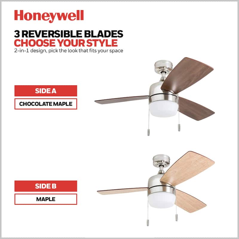 44" Honeywell Barcadero Matte Black Contemporary Indoor LED Ceiling Fan with Light, Pull Chain