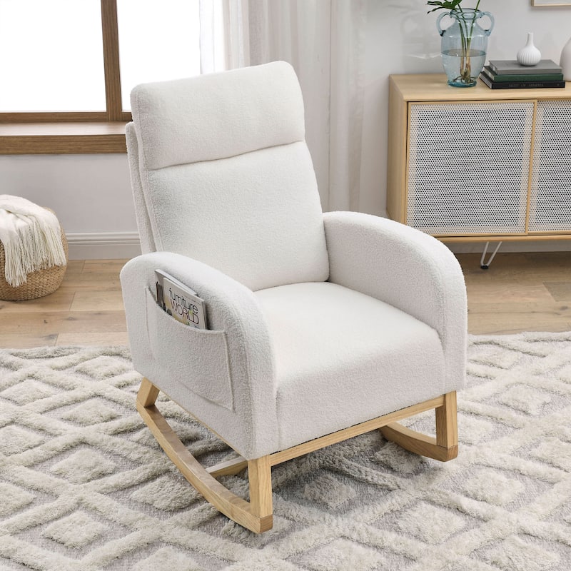 27.6"W Modern Accent High Backrest Living Room Lounge Arm Rocking Chair, Two Side Pocket - Ivory