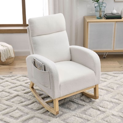 Ivory Modern 27.6" High Back Upholstered Rocking Chair with Two Side Pocket and Sturdy Thickened Rubber Wood Base